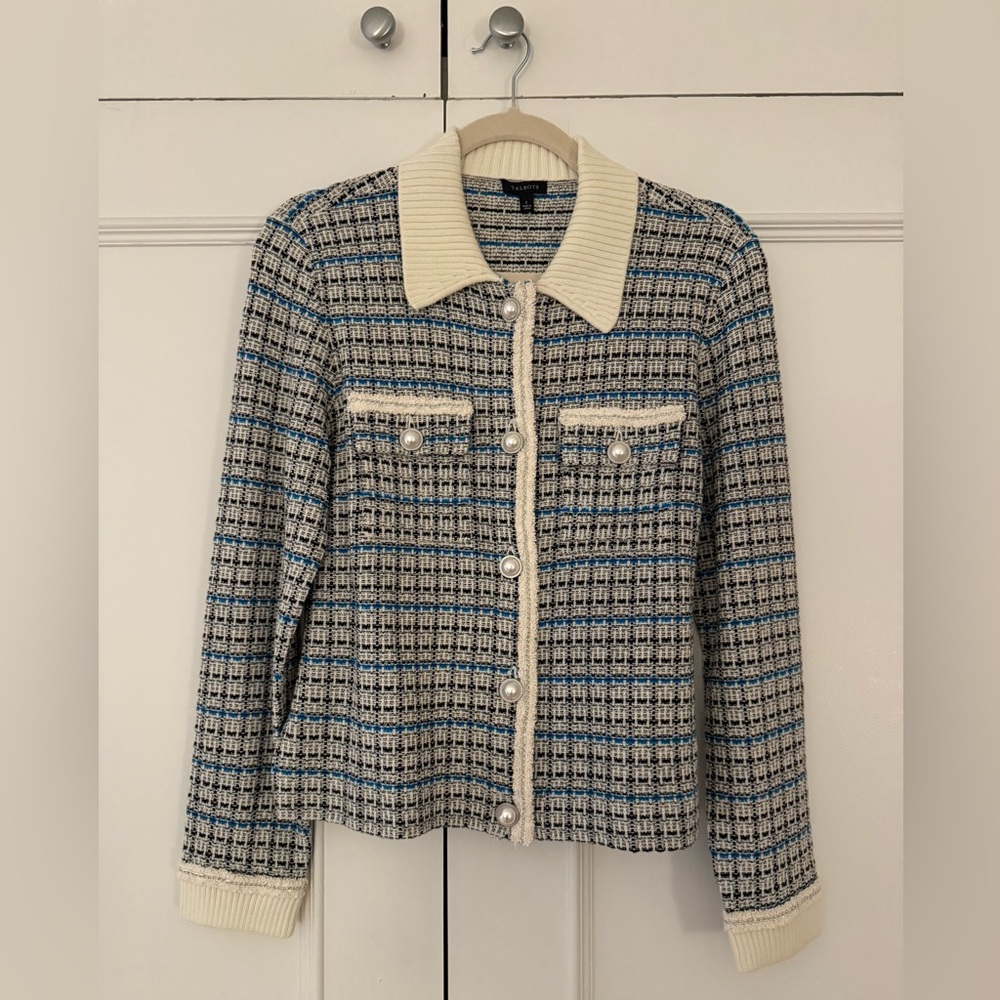 Talbots Women's Cream and Blue Tweed Sweater Jacket with Pearl Buttons (Size S)